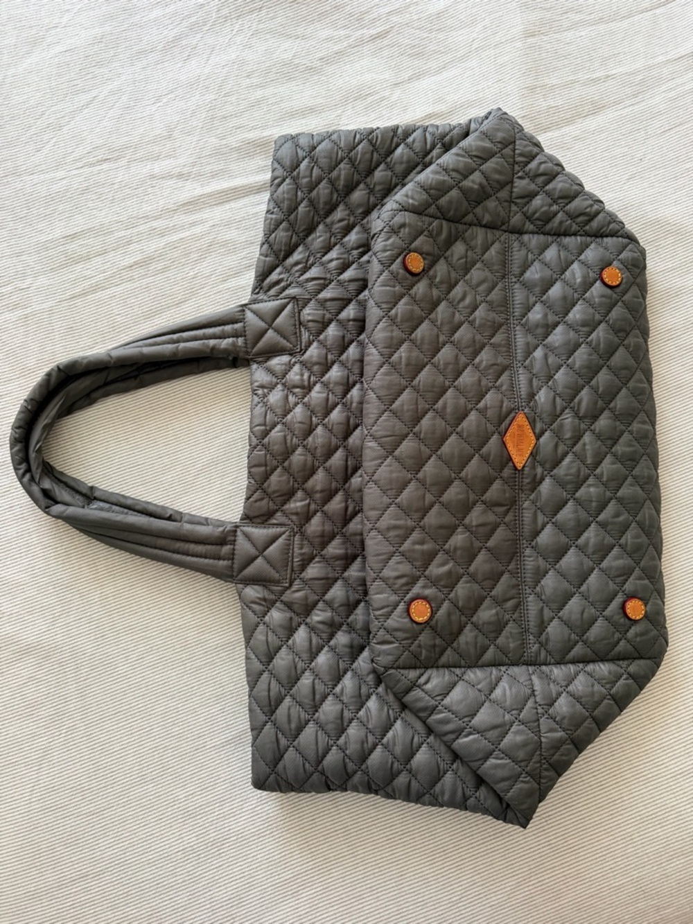 MZ Wallace Quilted Gray Tote with Gold Logo - Picture 3 of 11